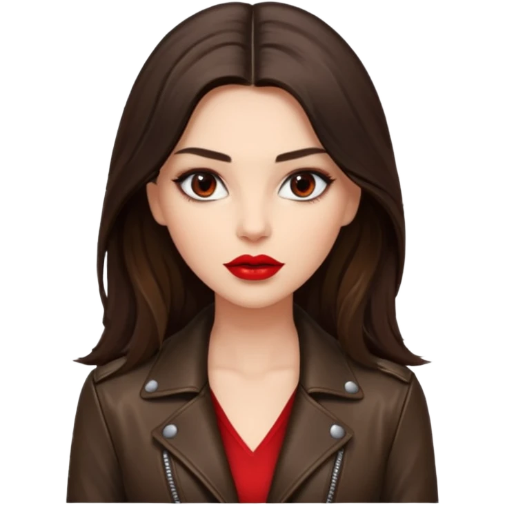 brunette with long hair in cuir jacket with red lips and very dark brown eyes emoji