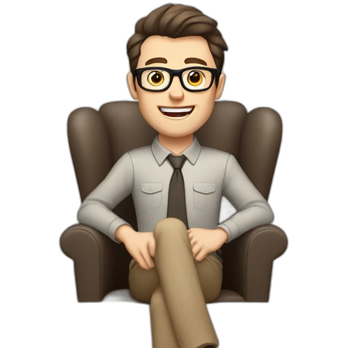 Joyful Celebrating victory Pale skinned Fit Man With dark brown hair in gray jacket, beige office shirt, Brown pants and vintage glasses sitting In a soft chair emoji