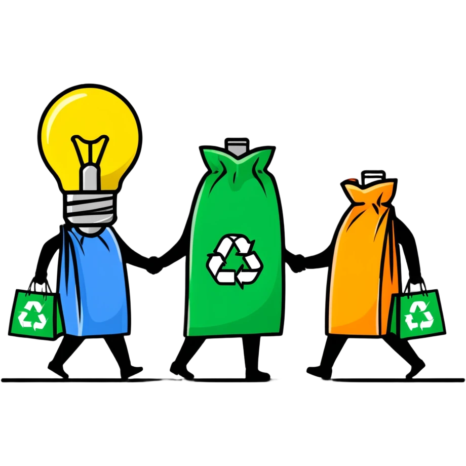 a lightbulb and a battery holding hands, each with recycling bags, walking to recycle emoji