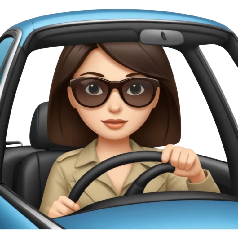 Brunette woman driving car like crazy. NewHappy face confidence  emoji