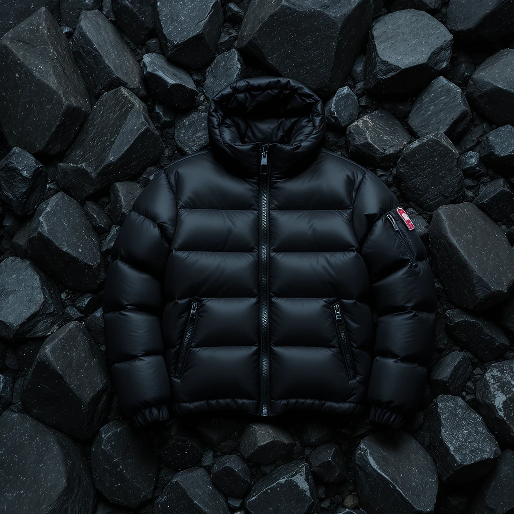 cinematic still of a black puffer jacket around black stone environment emoji