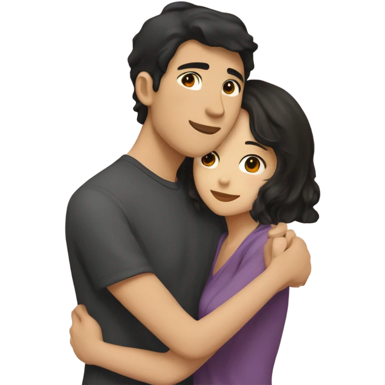 A half pale Asian man with short dark hair and amber eyes embracing and loving a half Asian woman with long wavy dark hair and dark hazel eyes. They love each other a lot And have good fashion taste. emoji
