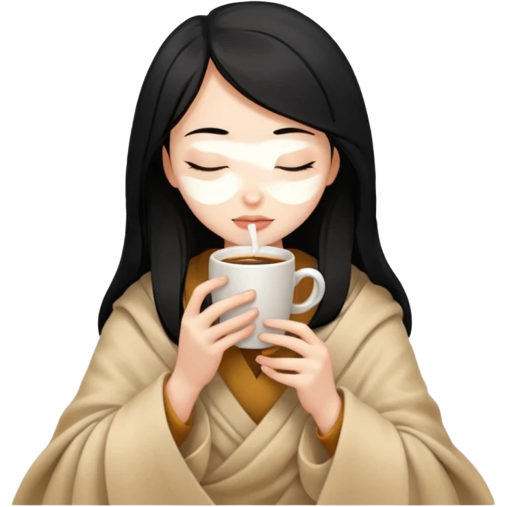 black hair girl long hair inside a beige blanket sipping coffee eyes closed emoji