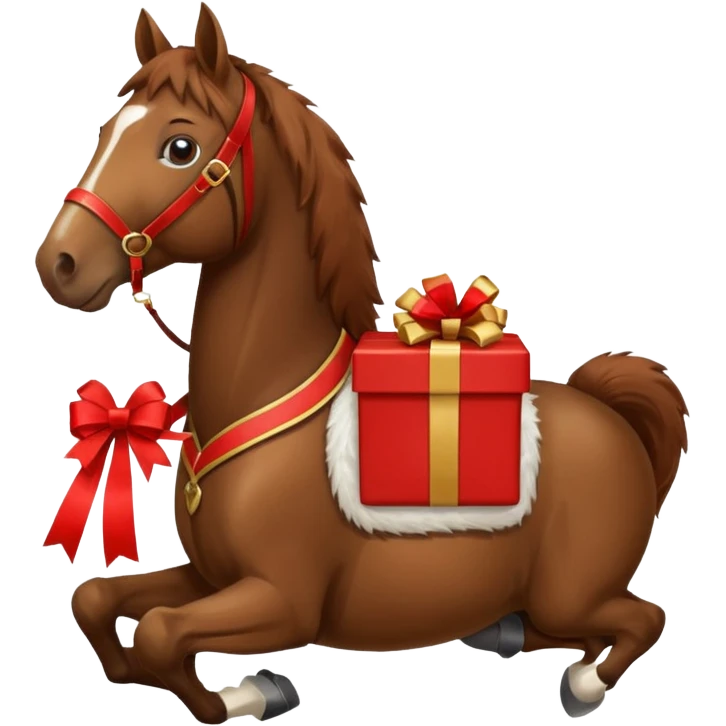 a New Year's horse with a red saddle, which has a red gift box with a white bow on the saddle emoji