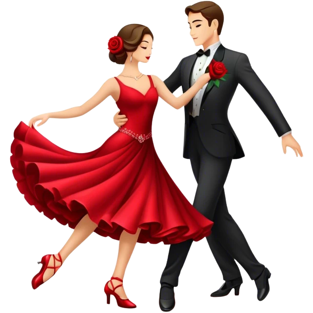 humanless Icon for Ballroom Dancing: a pair of ballroom dance shoes, a rose, a dance floor, a flowing, voluminous ballroom dress in motion, and a shining spotlight. The icon should represent the elegance and atmosphere of ballroom dancing, focusing on the attire and setting. Transparent background. emoji