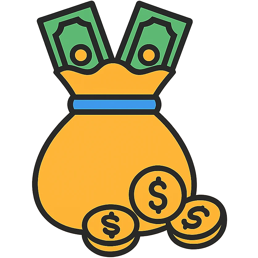 a bag filled with money with bills and coins spilling out, clean modern icon style emoji