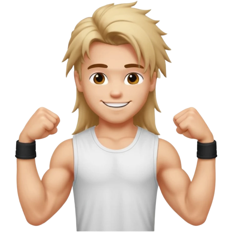 generate a pretty bratz boy with messy long mullet hair, sleeveless white tshirt, big biceps emoji