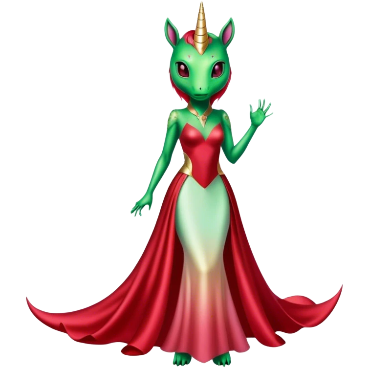 "reptilian green alien woman, in long slim pastel red formal party satin dress with gradient shiny sparkling dark red", rides "unicorn gold and white"
 emoji