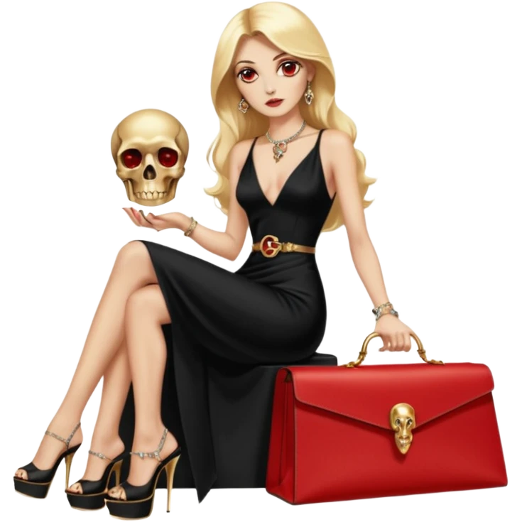 Lilith symbol red eye seductress  length blonde haired powerful woman with Gucci, and Hermes bags next to her. Wearing long dress with slit, sitting on of gold and diamonds. Black Platform high heels on feet. seat stacked with designer bags,  dead human skull of her enemies in her other hand emoji