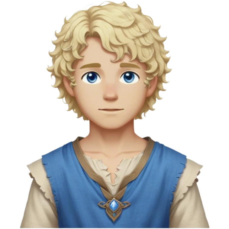medieval summer outfit worn by a DnD themed fantasy male character. thin sleeveless linen tunic with a V-shaped neckline and frayed edges. clothes only above the waist. The clothes full waist. The character's haven't arms. character is white-skinned, blonde hair, blue eyes, short curly hair. emoji
