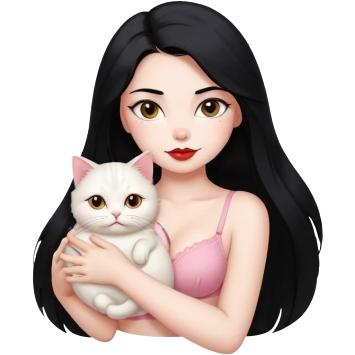 Beautiful Girl Long Hair black, Brows Big , Skin White, bra Pale Pink , Big Red Lips, EyesCoffe , Big hug Little baby Persa Cream Cat With Cute Eyes emoji