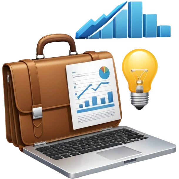 An icon showing a briefcase, a stack of documents, and a rising bar chart, representing business and entrepreneurship. The design features a laptop and a lightbulb, symbolizing innovation and strategy. Transparent background highlights the dynamic world of business growth and leadership. emoji