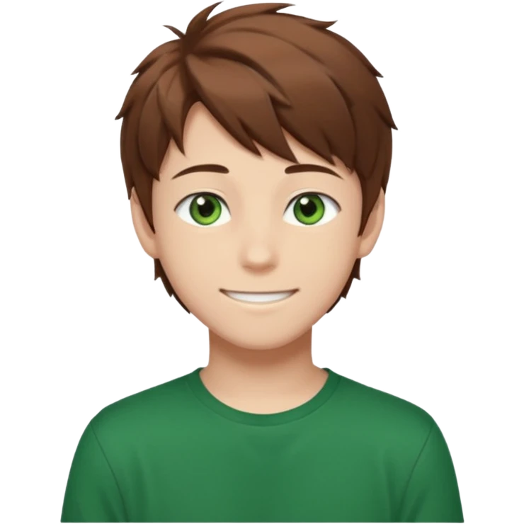 the face of an Anime teen boy with brown hair, green eyes, looking smiling slightly sideways positioned. Face must be main filling of the emoji.  128px emoji