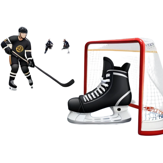 An icon showing a close-up of a hockey stick, puck, skates, and hockey net placed on the ice. The background features a packed stadium with bright lights, cheering fans, and snowy scenery outside. Transparent background highlights the key elements of the game. emoji