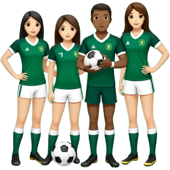 3 atletas, um homem no meio e duas mulheres com cores de pele diferentes, usando elementos esportivos, bola de futebol, luvas de luta e bola de vôlei. Coloque um chapéu de papai noel das cores verde e com uniforme azul e branco emoji