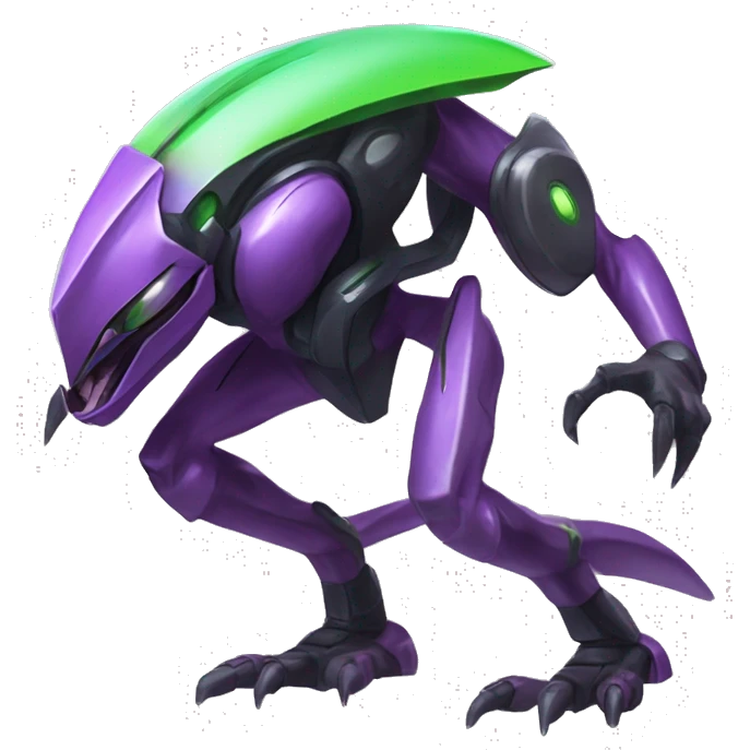 a shiny black-purple-green Genesect-Raptor-Fakémon—hybrid with a futuristic visor-helmet full body emoji