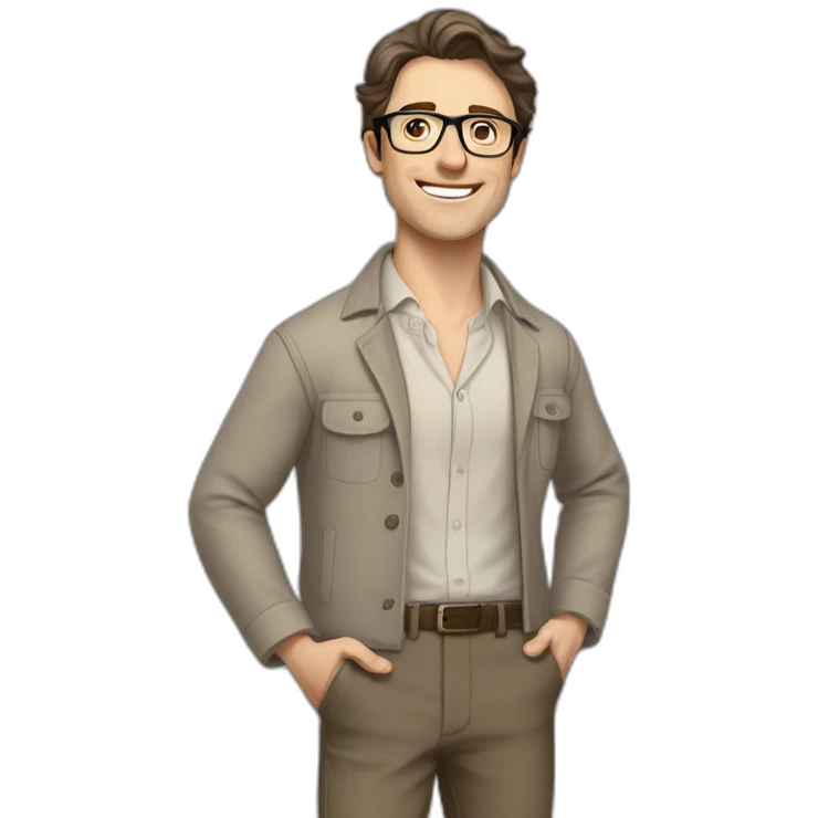 Joyful Full height Pale skinned Fit Man With dark brown hair in gray jacket, beige office shirt, Brown pants and vintage glasses. His thrumbs up emoji