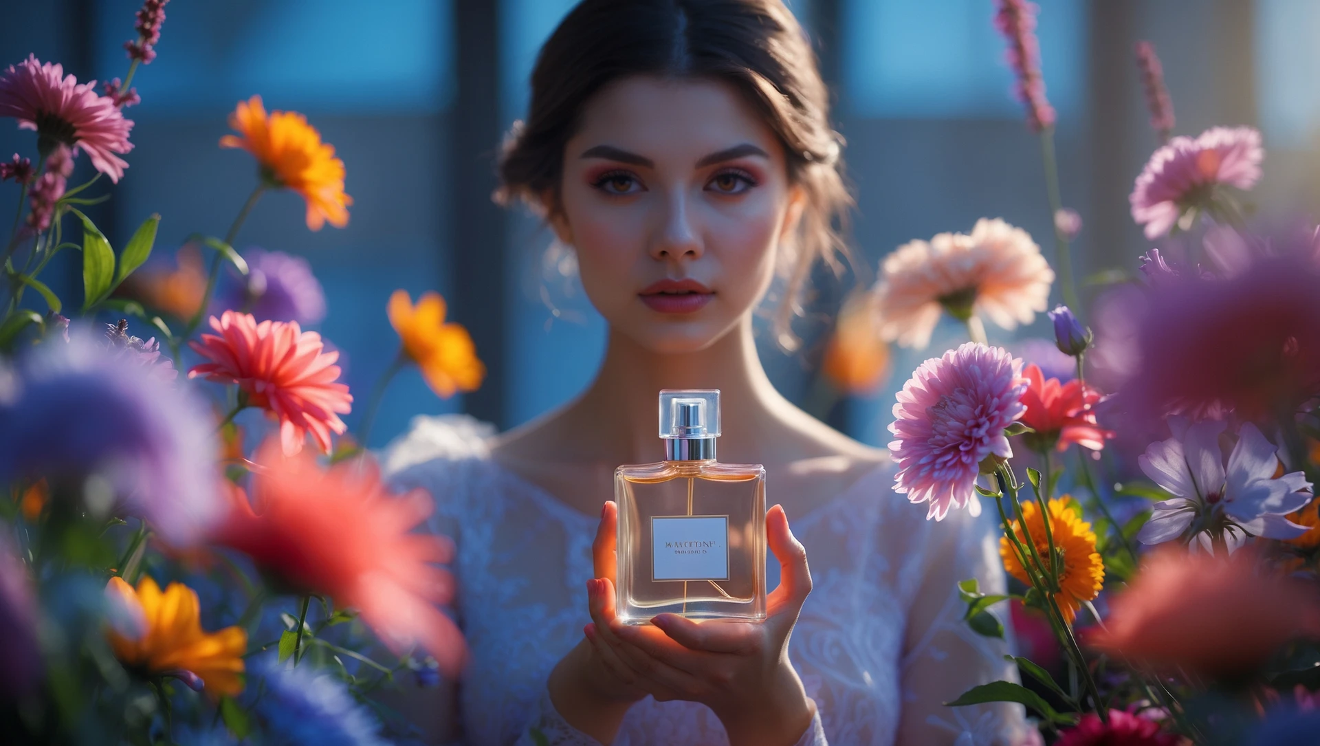 Motion blur Extreme Closeup photo of a beautifull woman holding perfume around beautifull colorfull flowers, cinematic light, 8K, very detailed, sharp, depth (foreground, midground, background) emoji