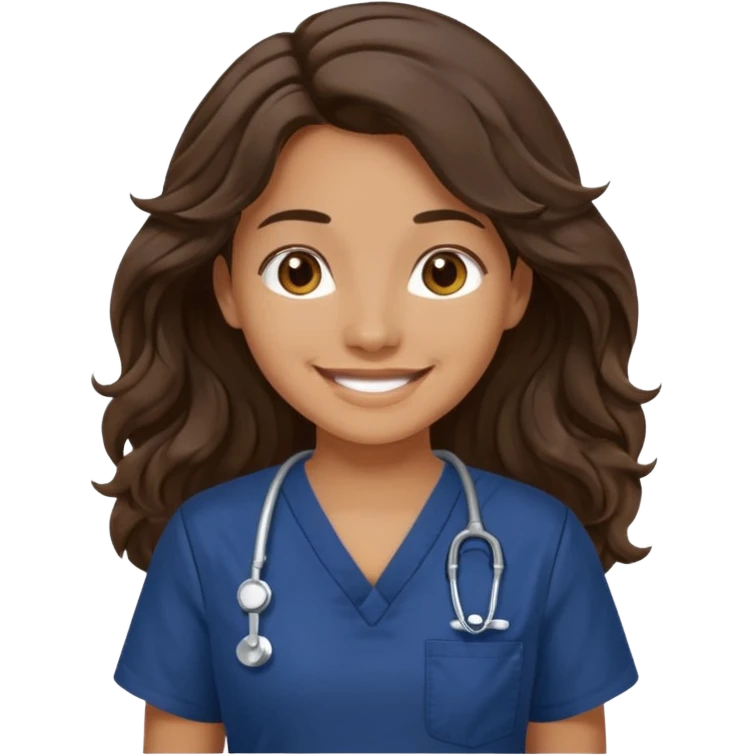 Long wavy dark brown hair with a navy blue scrub top smiling emoji