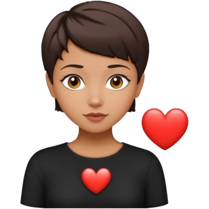 woman pixie cut dark brown hair, tan skin, brown oval eyes, heart shaped face emoji