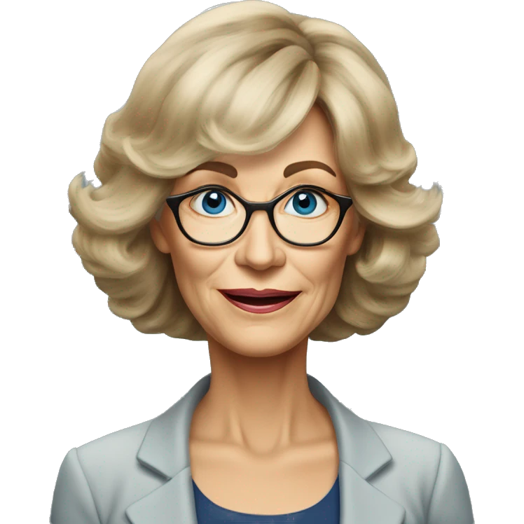 Medium length Dirty blonde poofy hair with bangs all across forehead and sides swept away from face business woman of 60 years old with blue eyes  emoji