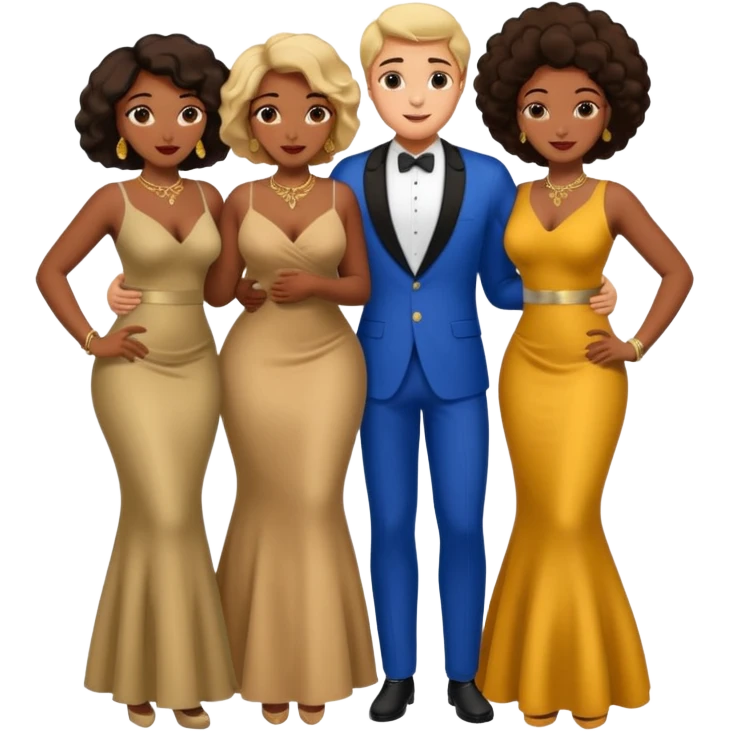 one american italian brunette young man surrounded by three african women with large butts hugging him and each other and grabbing his crotch (emphasis emoji