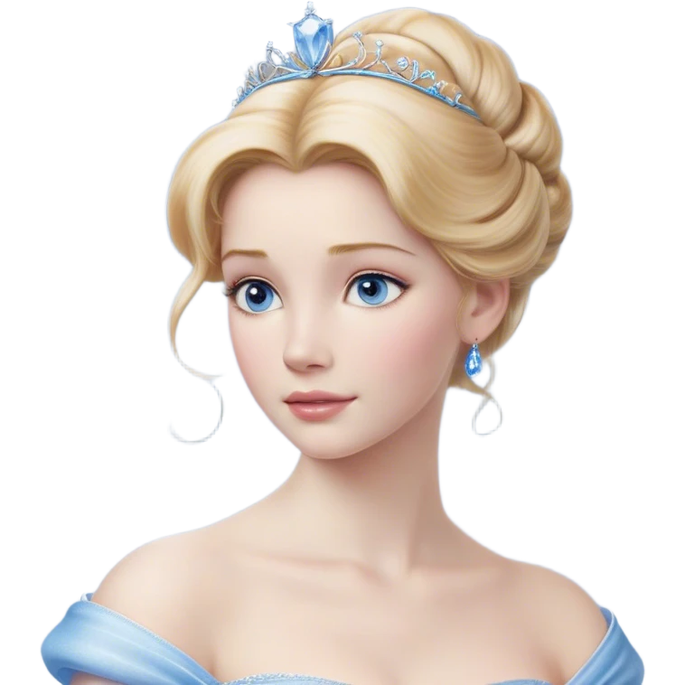 Cinematic Realistic Cinderella Portrait, depicted with lifelike skin texture, subtle rosy undertones, and soft natural lighting that enhances the gentle contours of her face. Her intricately detailed golden blonde hair is elegantly styled in an updo, with delicate wisps framing her face. Her deep, expressive blue eyes radiate warmth and sincerity, reflecting a quiet resilience and grace. She holds a glass slipper gently in one hand, her other hand resting gracefully at her side, emphasizing the timeless beauty of the moment. She is dressed in her iconic ball gown, the fabric shimmering with intricate embroidery and fine translucent layers that catch the light beautifully. The soft sheen of satin gloves adds a magical touch to her graceful pose. The portrait features an enchanting glow with a natural, luminous finish, seamlessly blending realism and fairytale charm to evoke a sense of depth, elegance, and timeless beauty. emoji