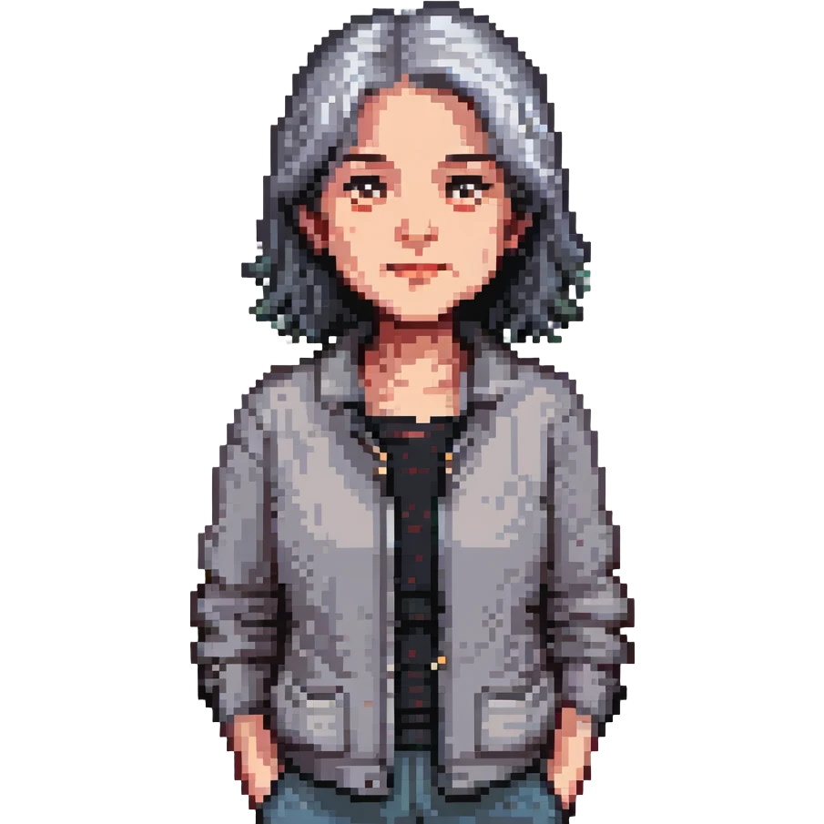 50-year-old woman with gray and black hair, neutral expression, simple clothing, pixel art style emoji