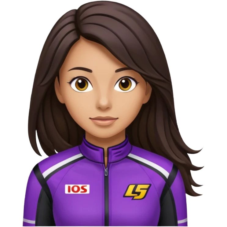 brunette long hair woman with black racing outfit with purple strips emoji