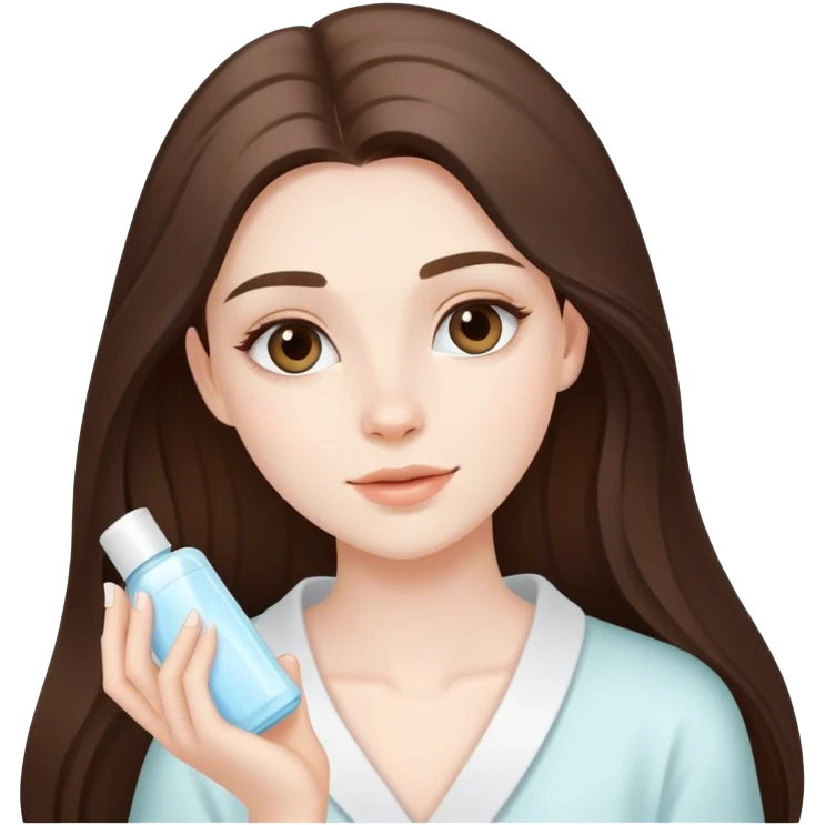 beautiful pale brunette girl with long hair doing skincare routine  emoji
