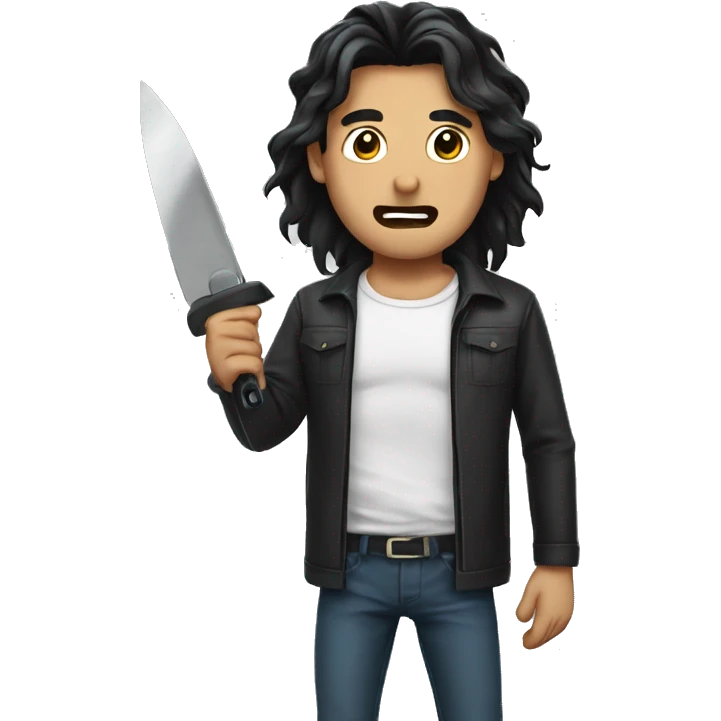 man holding a cutter, long black hair, cryiing emoji