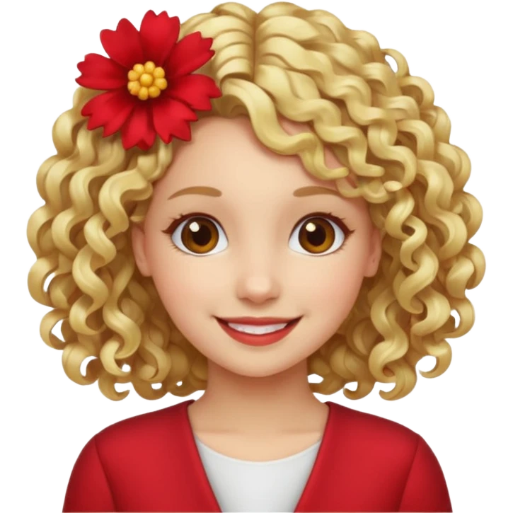 ["Fair skin female, curly blonde hair, red floral hair clip."] emoji