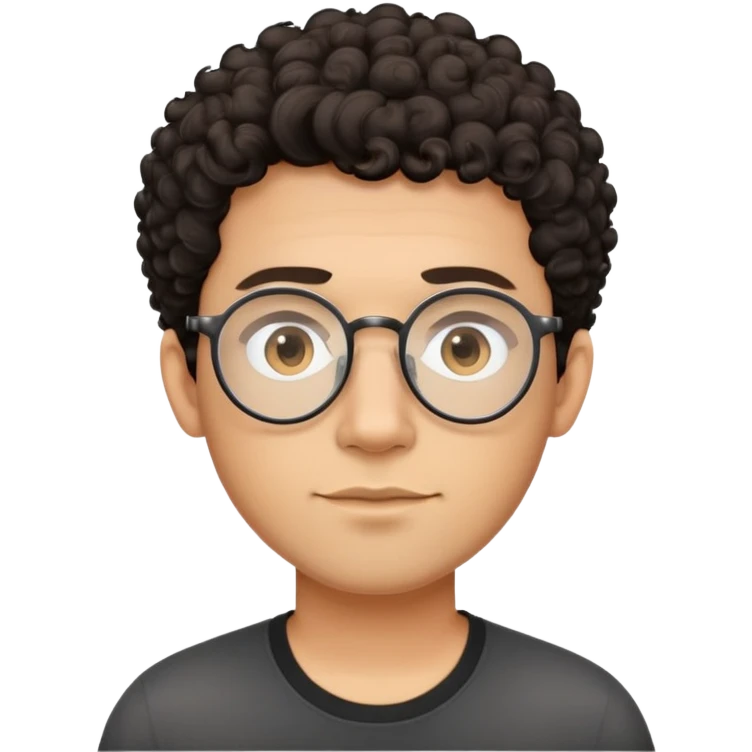Oval-faced man with large oval metal frame glasses, short curly dark hair with high fade cut, light tan skin, friendly neutral expression, black shirt emoji