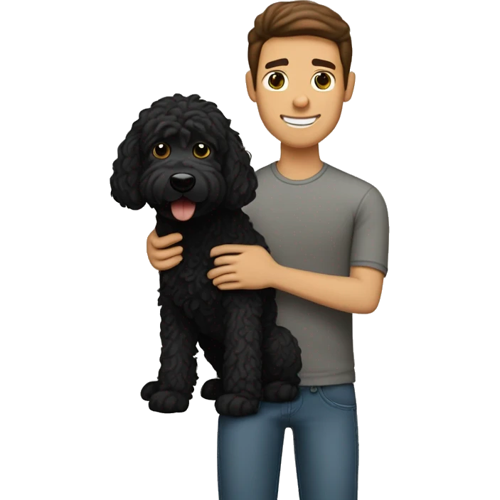 clean-shaven straight-haired brunette man holding black labradoodle emoji