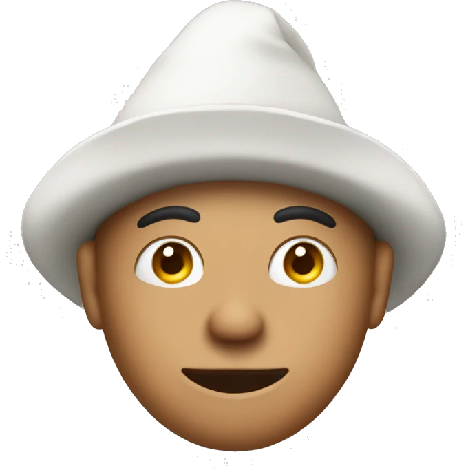 Man wearing white triangular hat with eye holes emoji