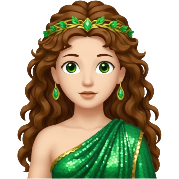 Terra, Goddess of Earth from Roman Deities with long brown wavy hair, green sequin toga  emoji