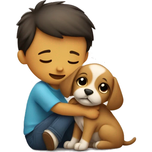 Small Puppy tightly hugs sitting boy  emoji