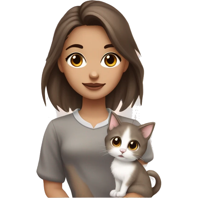 White girl with dark brown hair, light brown highlights, mole under left eye, big lower lip, slight blush, brown eyeshadow, cuddling a light gray kitten with paws up, collar saying “Lux.” emoji