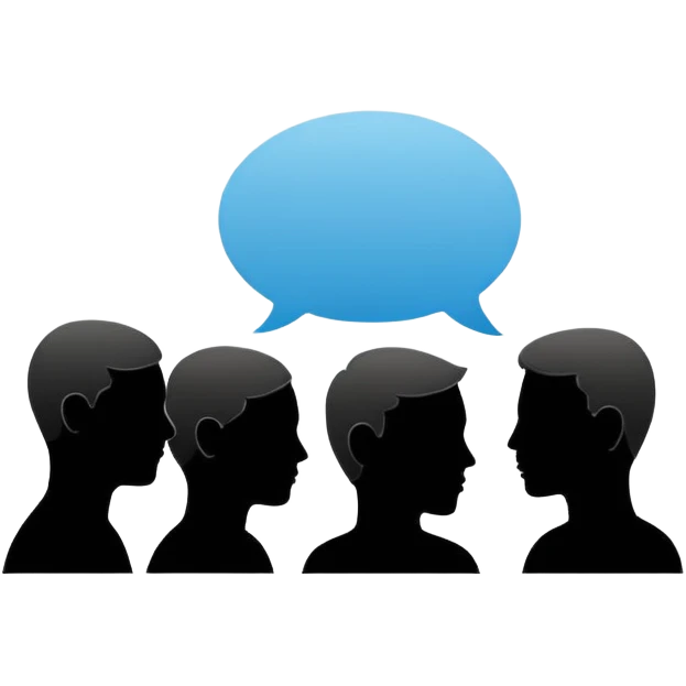 Minimalistic flat vector icon, iOS style, thin black contour on white background. Human head with speech bubble and small group of people silhouettes listening. Clean, no text, no shadows emoji