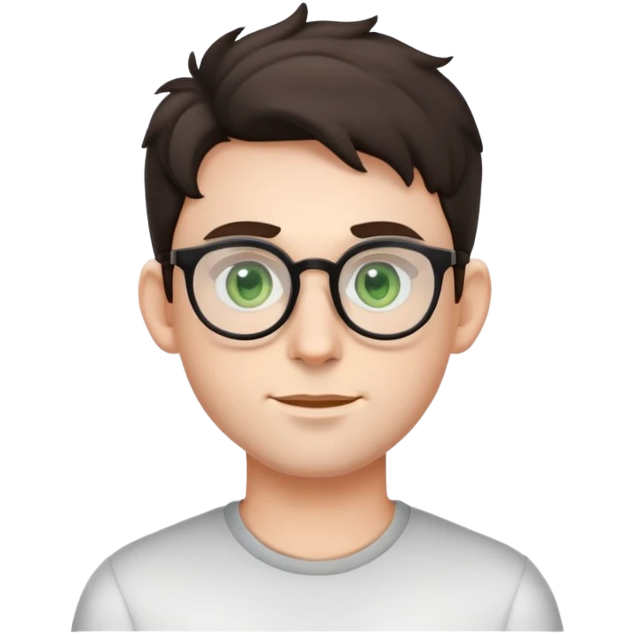 young male emoji with youthful face, poofier slightly curly dark hair, big ears, pale skin, glasses, green eyes set wider apart, very light stubble emoji