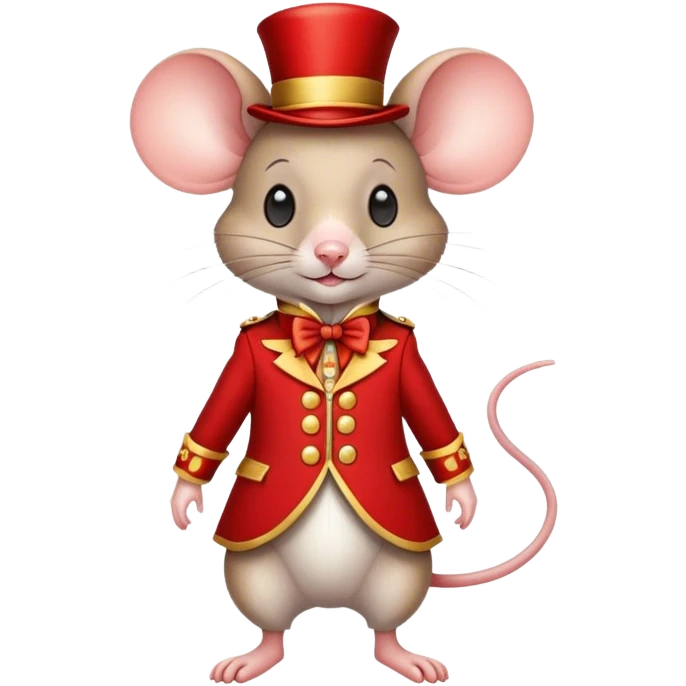 "A small, charming anthropomorphic mouse dressed in a classic red circus uniform with gold trim and buttons emoji