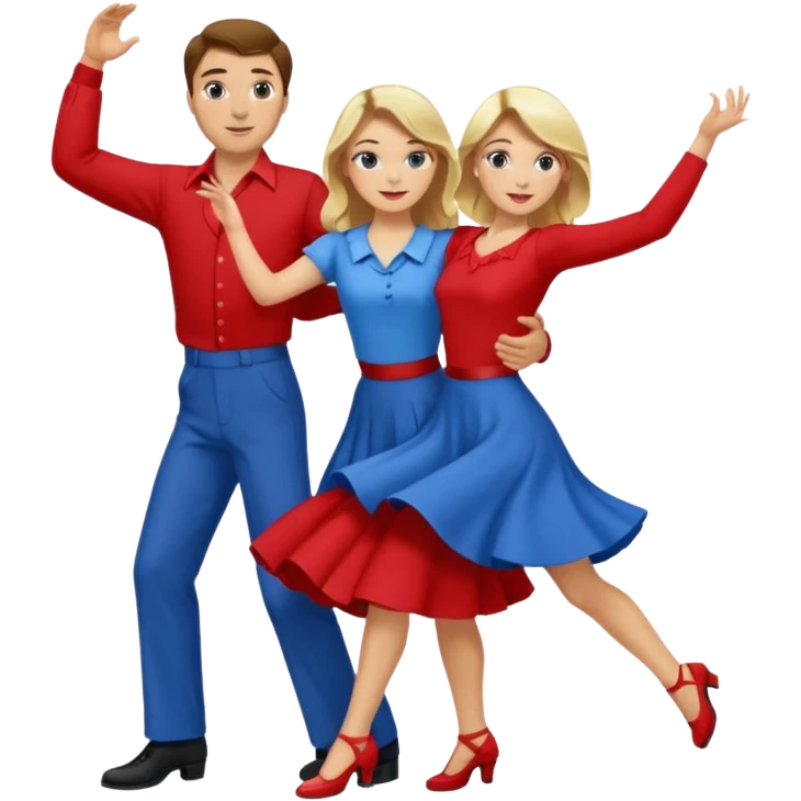 Two people. Man wearing all  RED with brown hair. Women  ALL blue with blond hair. Swing Dancing.  emoji