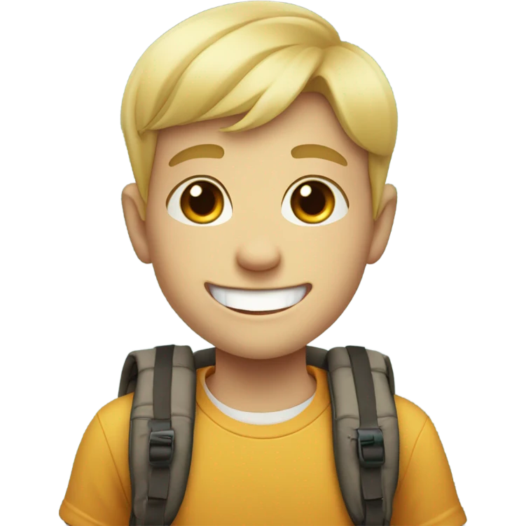 smiling blonde boy with front tooth missing and with backpack emoji
