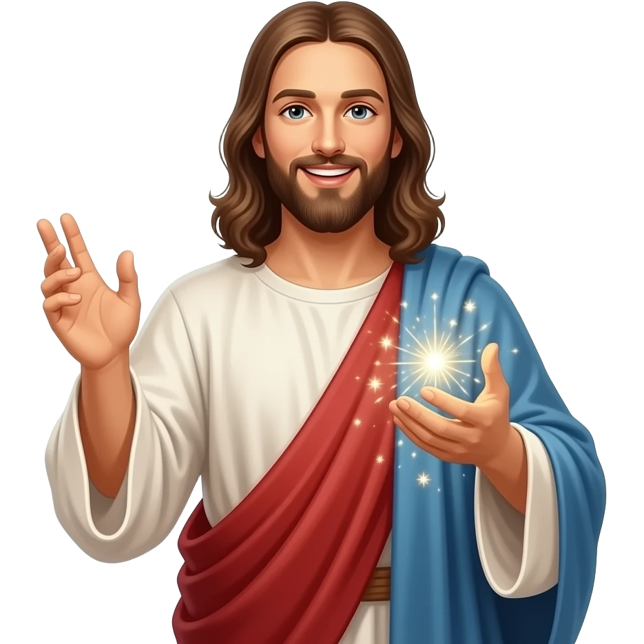 Jesus performing miracles with his hands which hold a mystical magic mist with sparkles and with a smile on his face And his hands stretched out on a crowd of people emoji