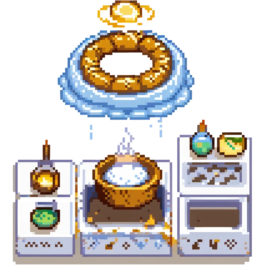 A divine baker surrounded by floating utensils, radiant ingredients, and a halo of light. The oven levitates, powered by pure energy. UI resembles clouds, golden rays, and ethereal scrolls—like a heavenly recipe interface. emoji
