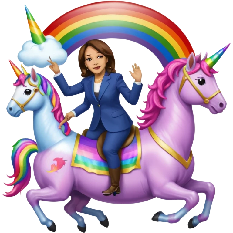 Kamala Harris and donald trump riding a rainbow unicorn emoji