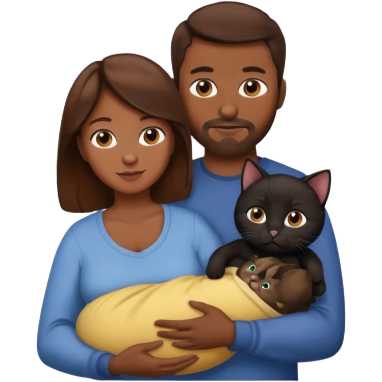 1 mom brown hair, 1 dad no beard, 1 baby and 1 black cat emoji