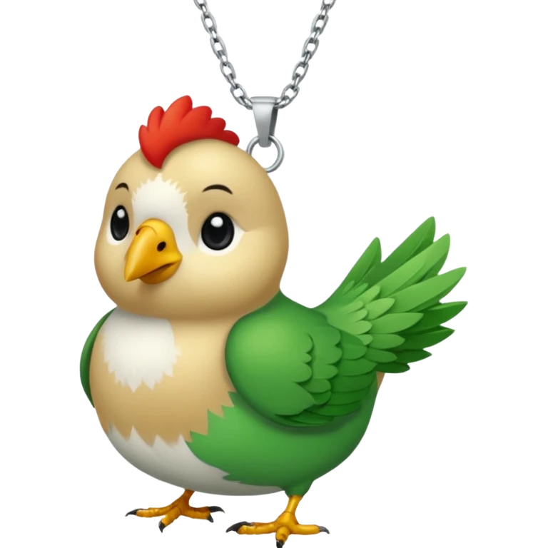 un oiseau classique tout vert avec un collier autour de son cou avec des breloque argentées et un seul poil blond qui fait une petite bouclette sur le front  emoji