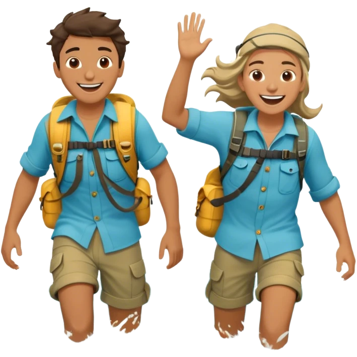 Two friends stand in the ocean, dressed in sea-worn, explorer-like clothing—loose, flowing shirts and water-ready gear that hints at adventure. They splash each other playfully, laughing as the waves crash around them. Their eyes meet, full of joy and appreciation for the moment, completely immersed emoji