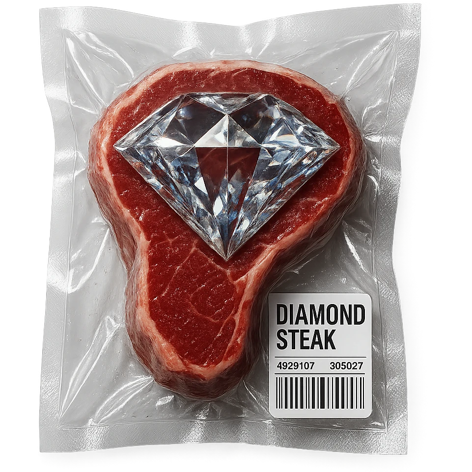 meat steak with sparkling diamond facets, glossy and puffy, no background emoji